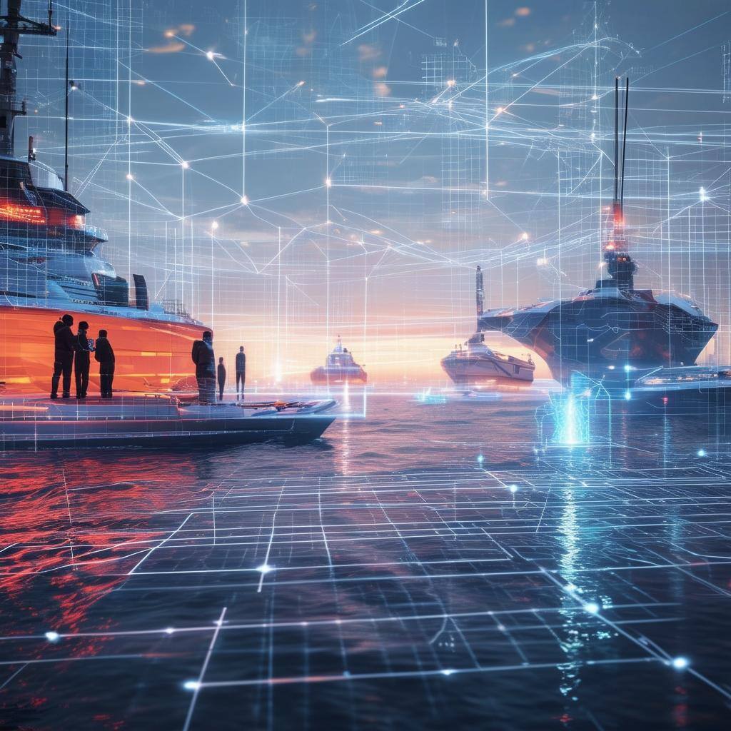 futuristic offshore enviroment with boats with digital grid and datapoints includes people in the picture